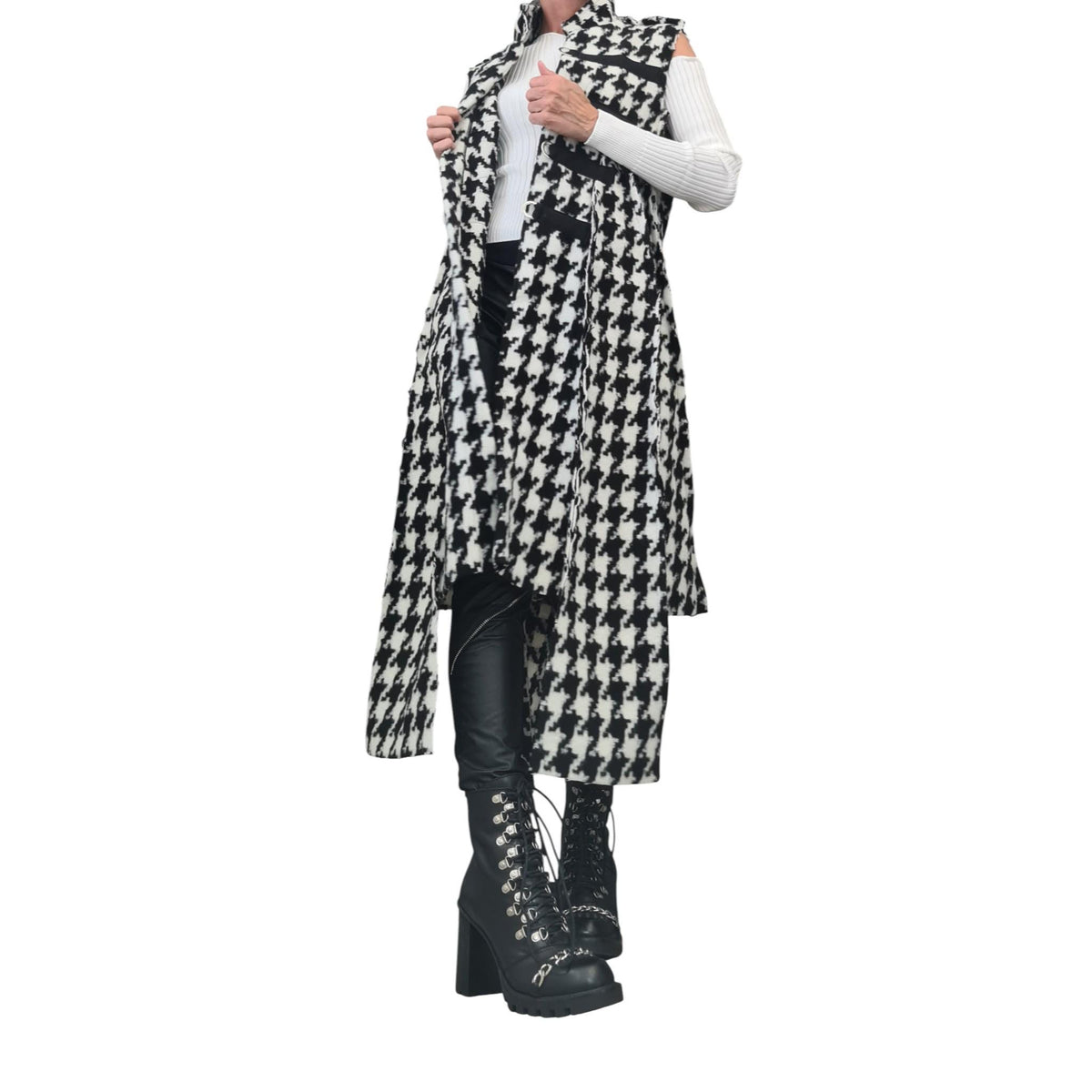 Black and White Houndstooth Maxi Vest, Asymmetric Hem, Buckle Closures, Plus Size Coat