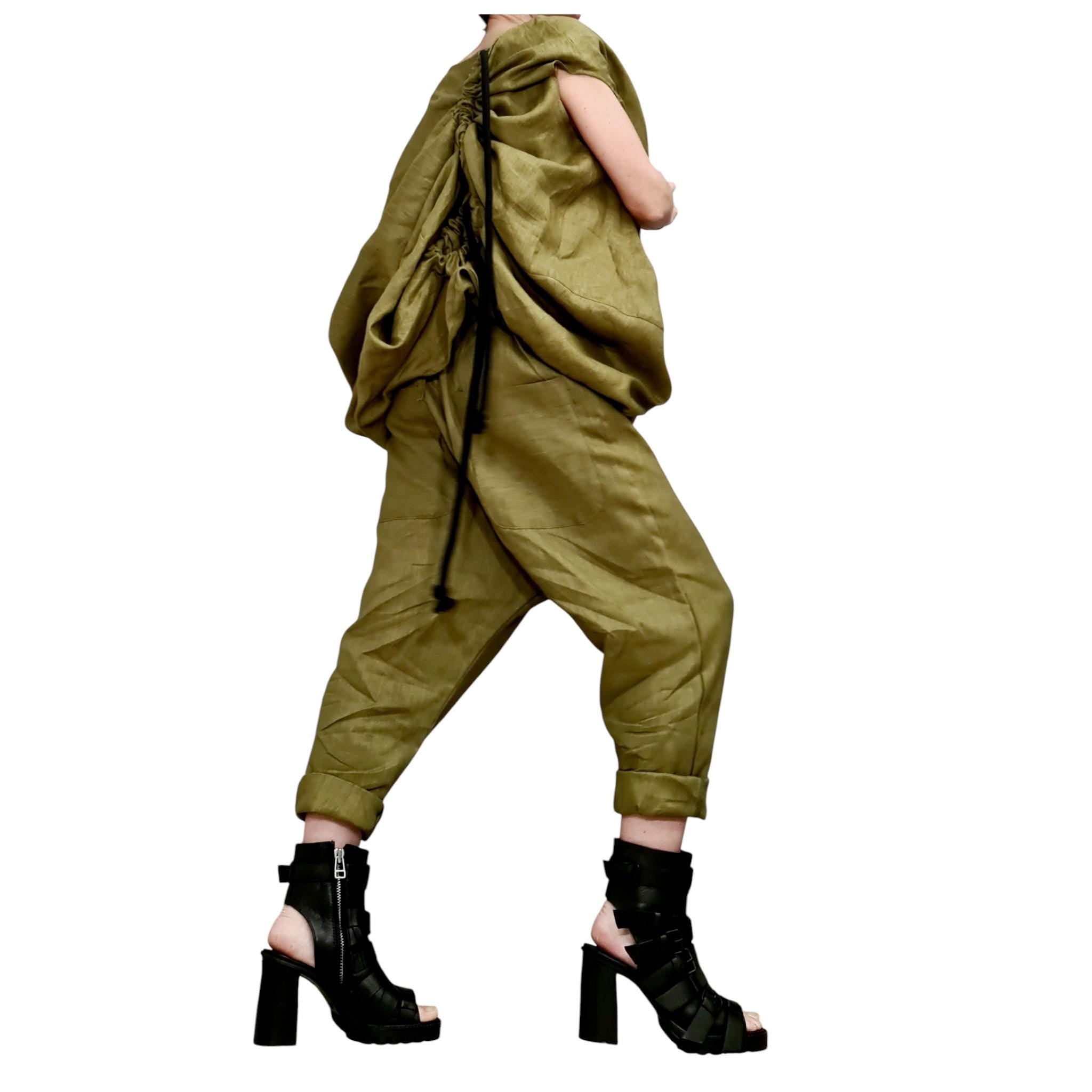 Military Green Linen Set – Avant Garde Drop Crotch Pants and Tunic