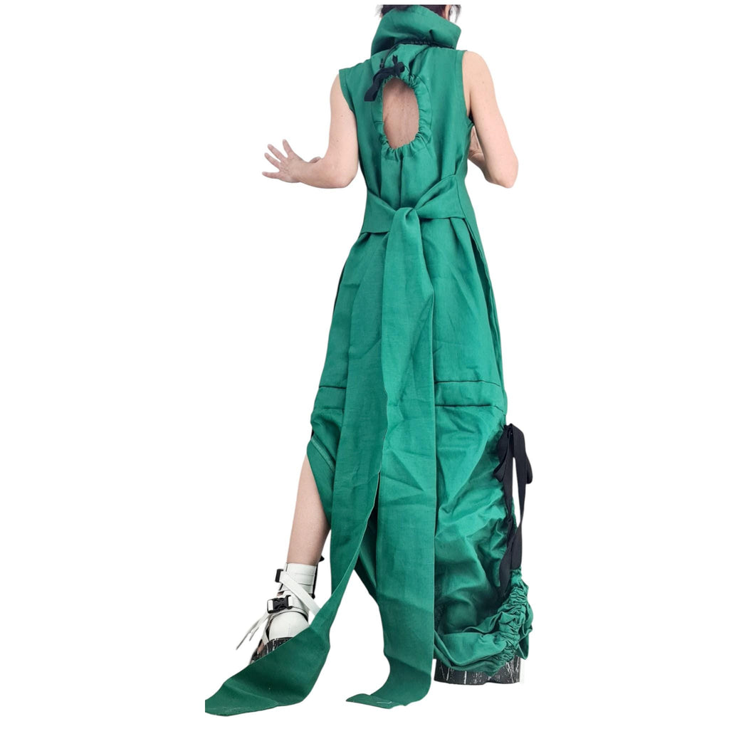 Green Linen Maxi Dress, Open Back, Asymmetric Sleeveless Fit, Avant Garde Plus Size Dress