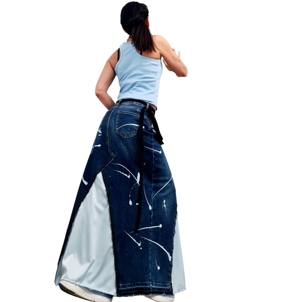 Asymmetric Denim Skirt Maxi Length Blue Satin Panel High Waist Avant Garde Clothing