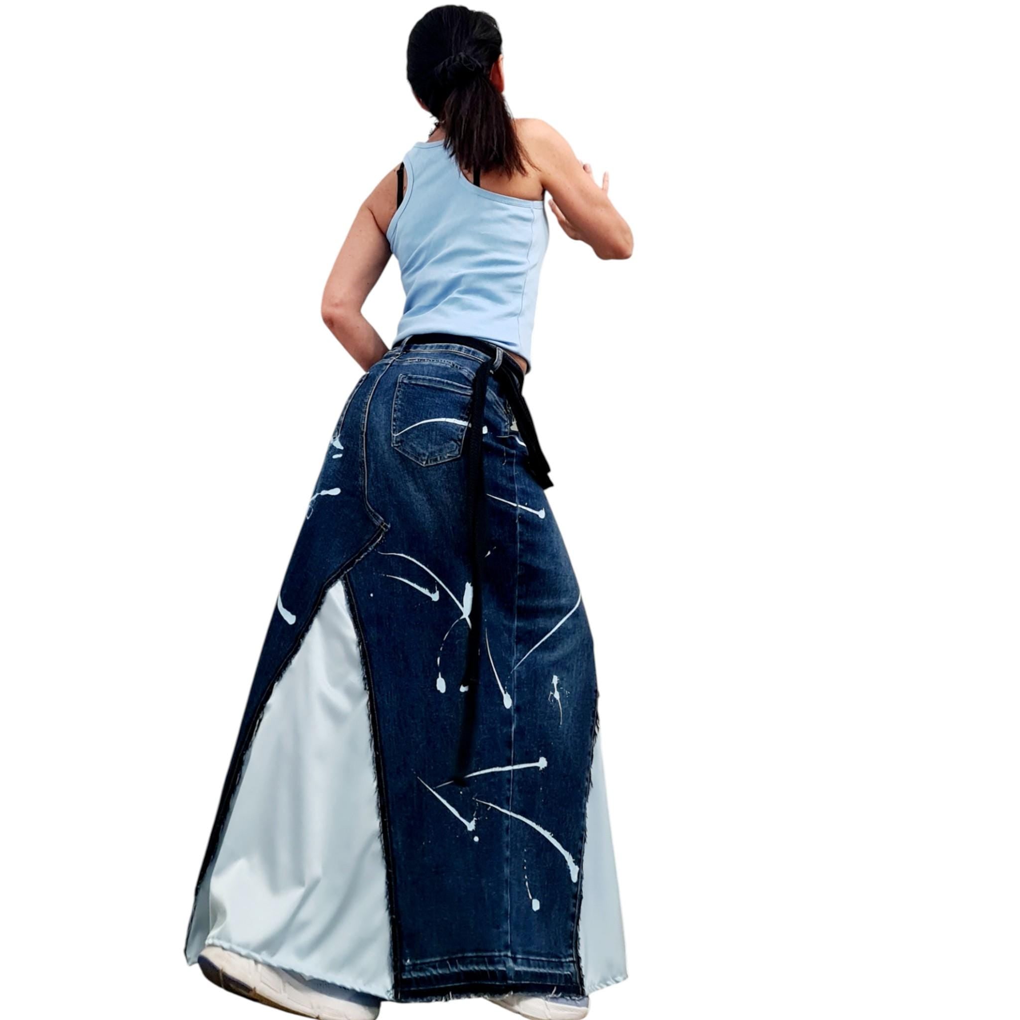Asymmetric Denim Skirt Maxi Length Blue Satin Panel High Waist Avant Garde Clothing