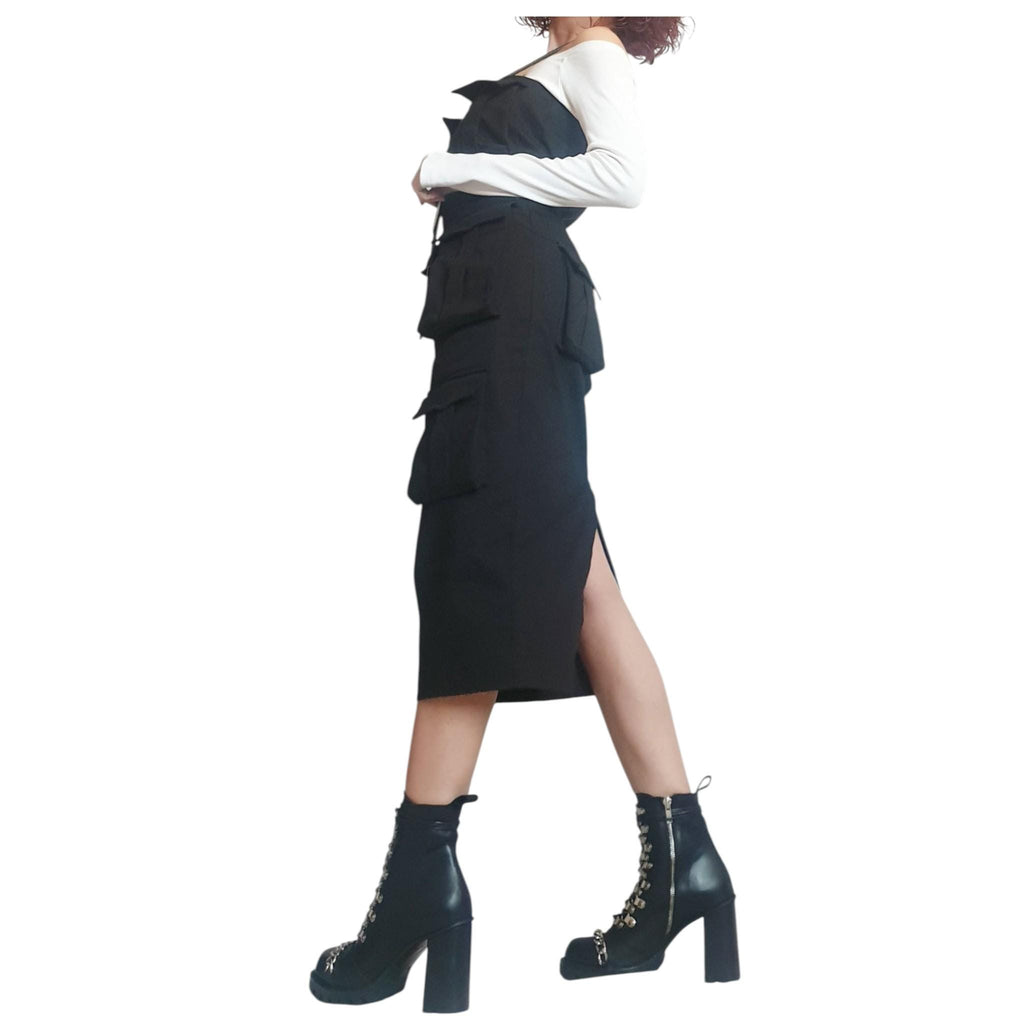 Black Denim Pocket Dress, Gothic Asymmetric Cocktail Fit, Extravagant Design