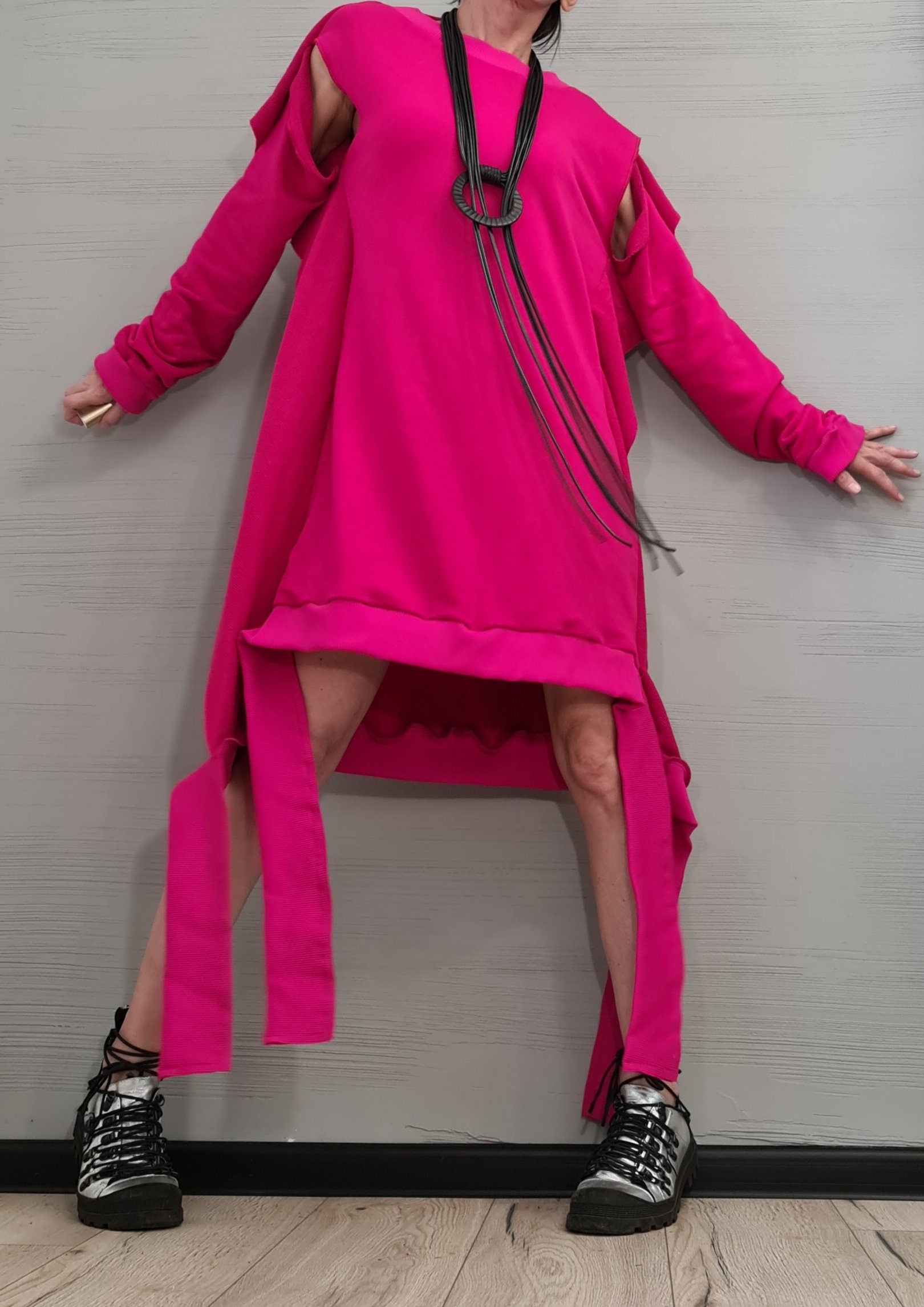 Fuchsia Asymmetrical Tunic, Cotton Loose Fit, Removable Sleeves Dress, Plus Size Dress for Women