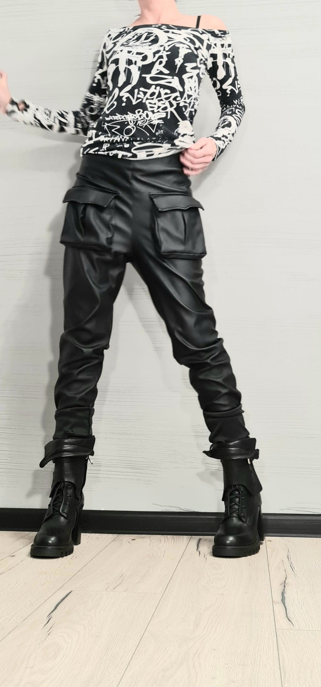 Black Eco Leather Cargo Pants, Drop Crotch Tapered Leg, Gothic Trousers