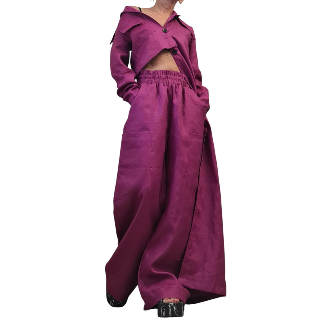 Magenta Wide Leg Pants, Avant Garde Linen Palazzo, Boho Trousers