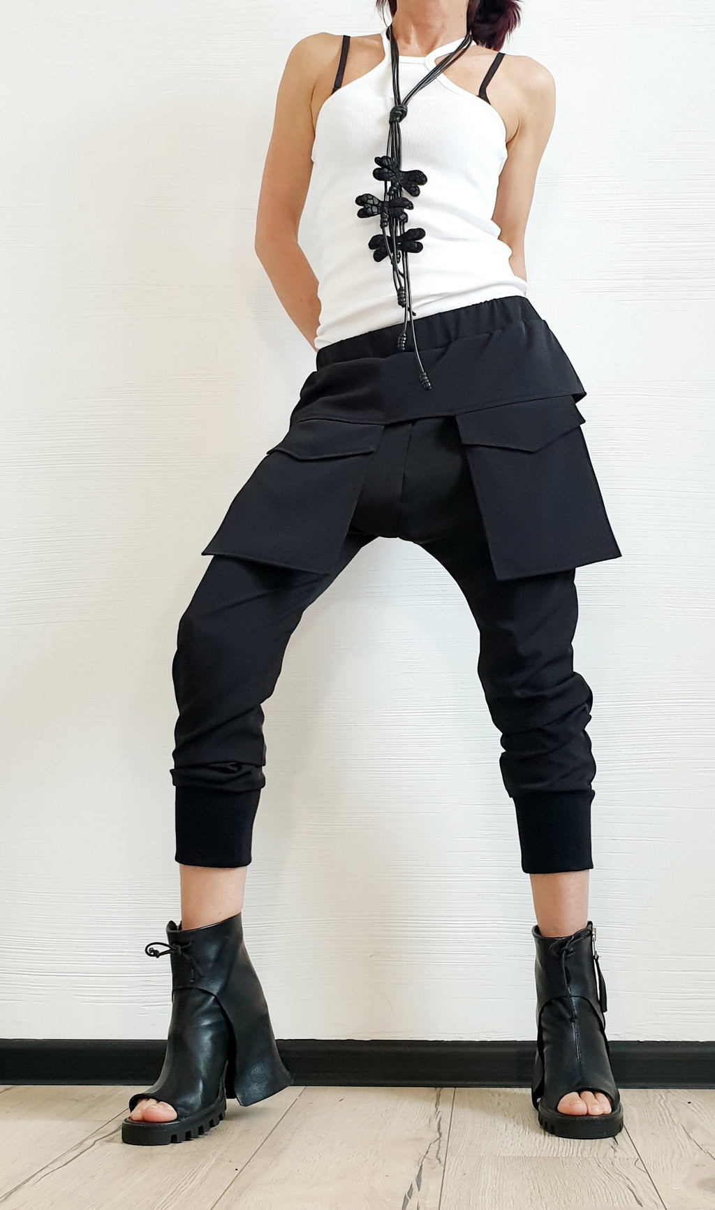 Black Harem Cargo Pants, Attached Skirt Panel, Tapered Leg