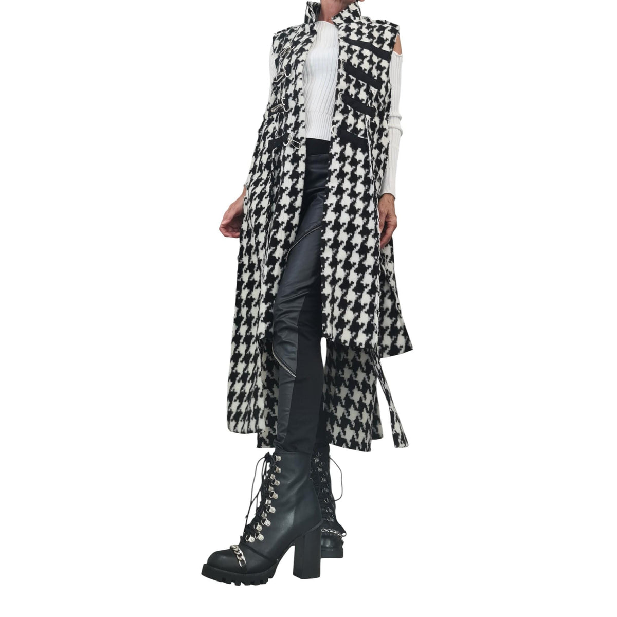 Black and White Houndstooth Maxi Vest, Asymmetric Hem, Buckle Closures, Plus Size Coat