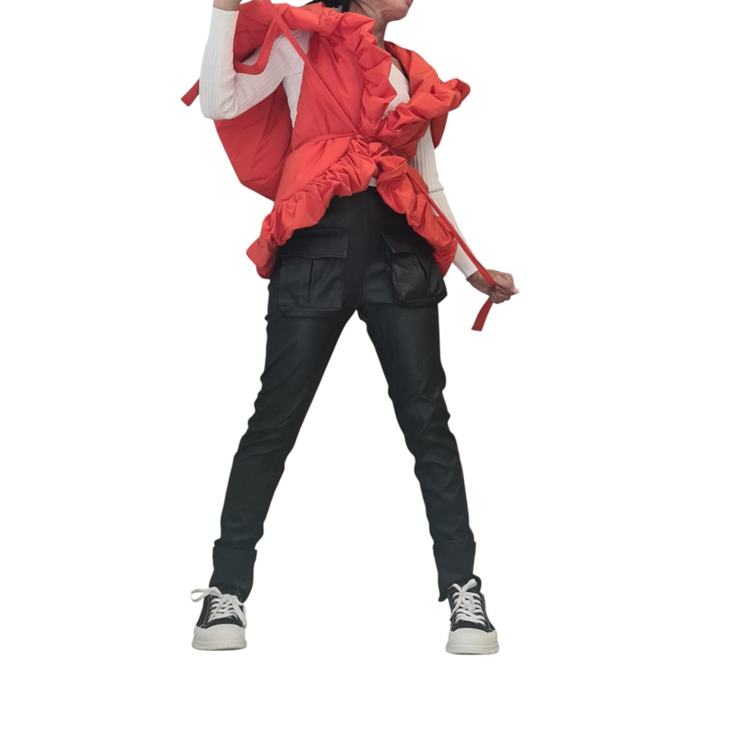 Orange Oversized Puffer Vest, Big Hood Sleeveless Jacket, Ruffled Winter Outerwear