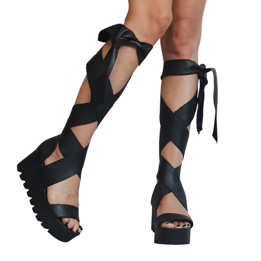 Silver Leather Gladiator Knee High Open Toe Platform Wedge Sandals for Women