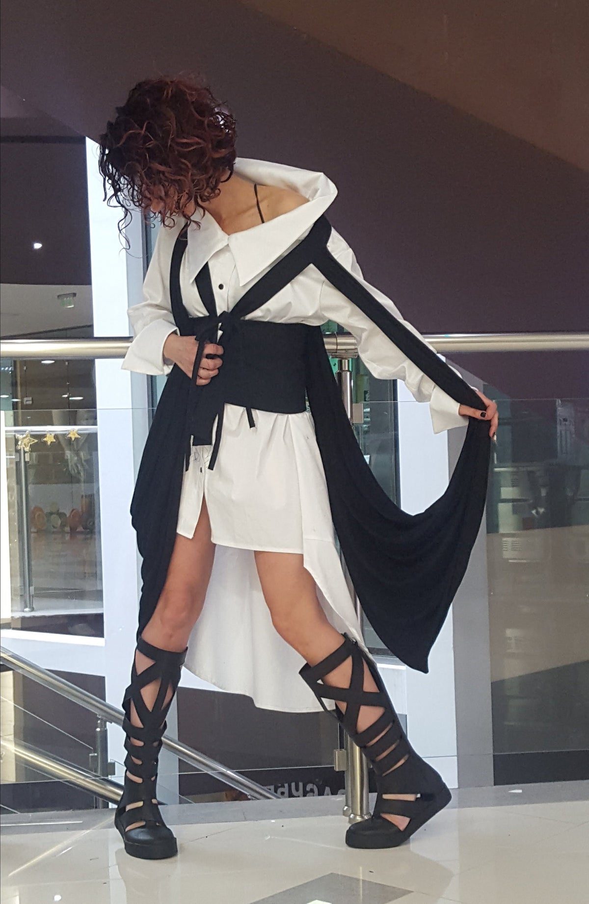 Asymmetric White Tunic Shirt with Extravagant Vest, Avant Garde Cotton Textile