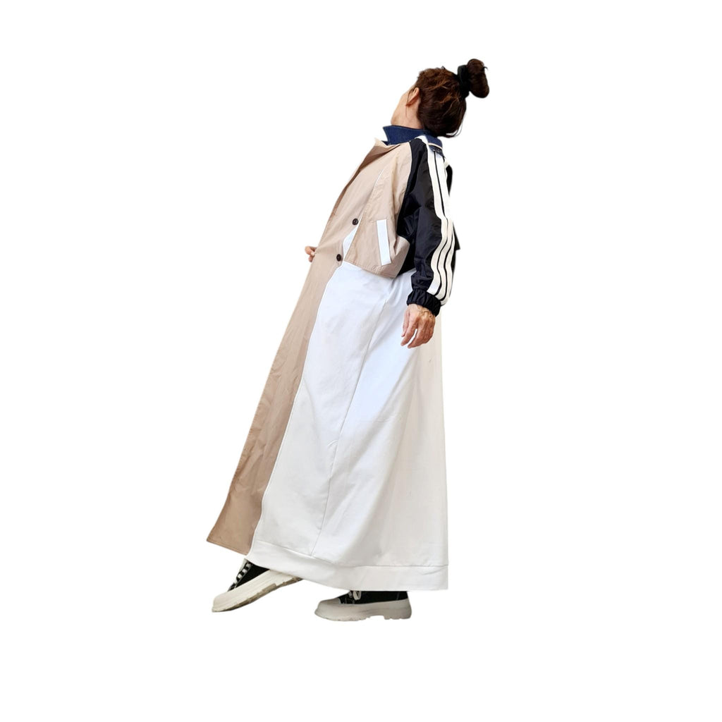 Beige Colour Block Trench Coat, Black and White Sleeves, Floor Length, Oversized Plus Size
