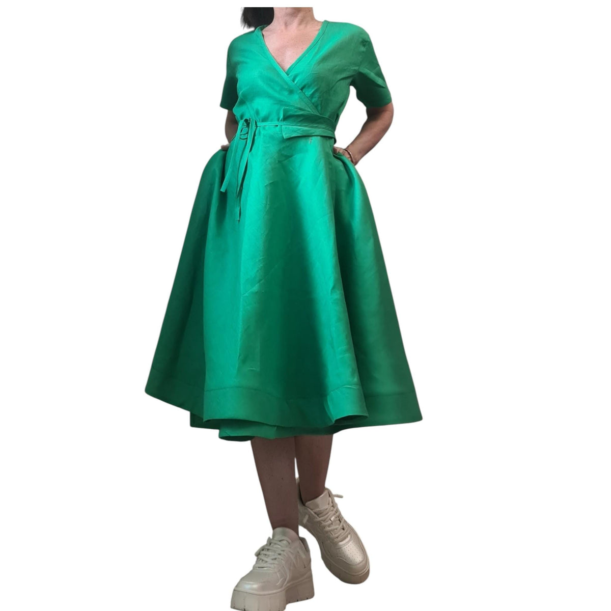 Green Linen Wrap Dress for Women, Knee Length, Short Sleeve Plus Size Summer Clothing