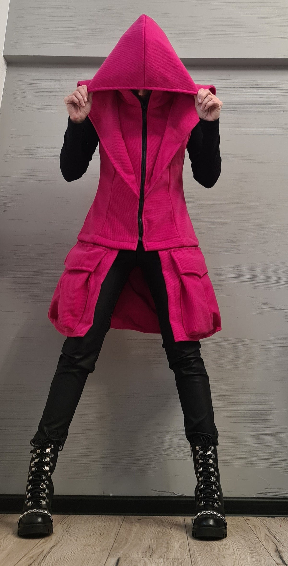 Hot Pink Convertible Hooded Vest, Detachable Cargo Pocket Panel, Long or Cropped, Plus Size