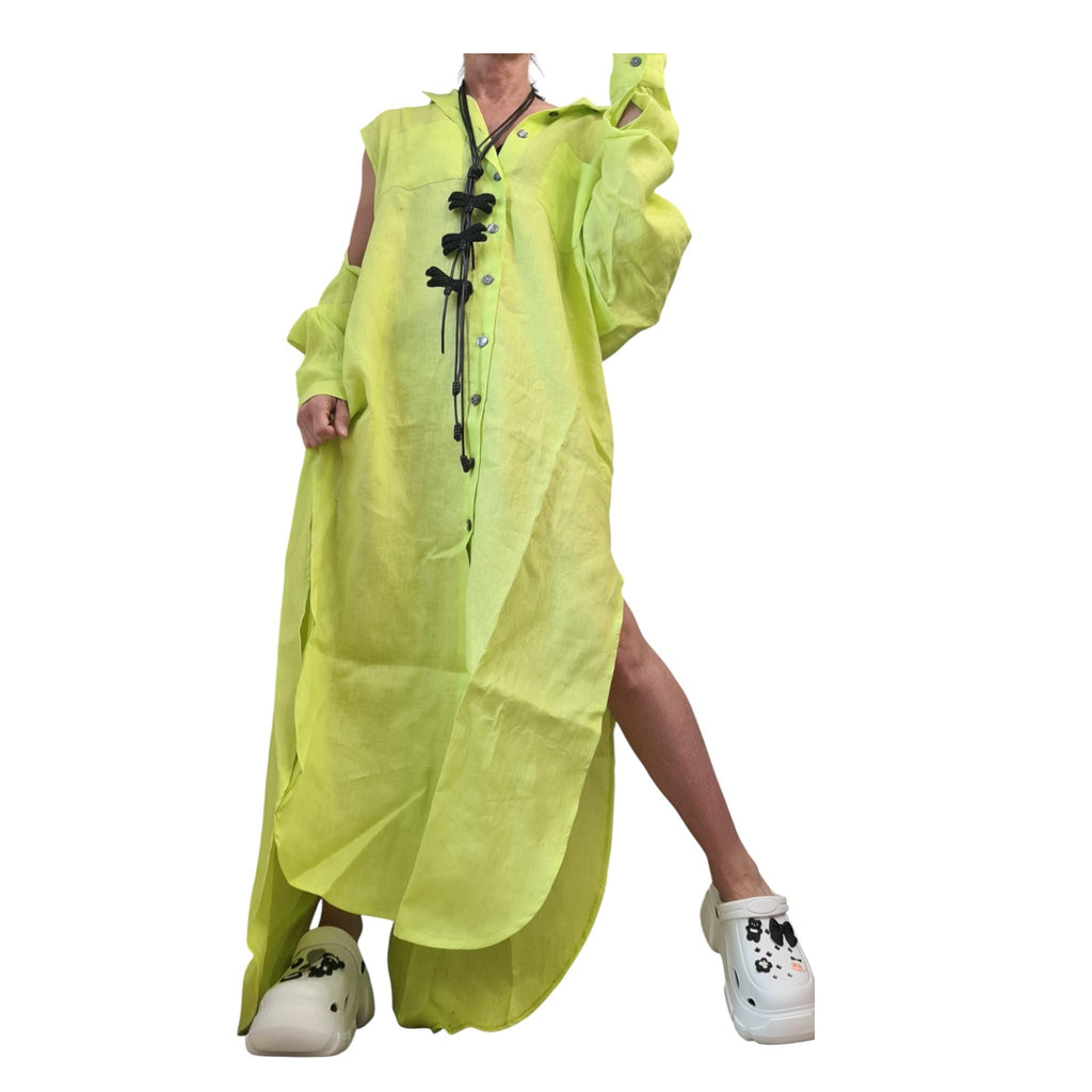 Lime Linen Long Kaftan Dress, Open Back Top, Bohemian Shirt Dress, Plus Size