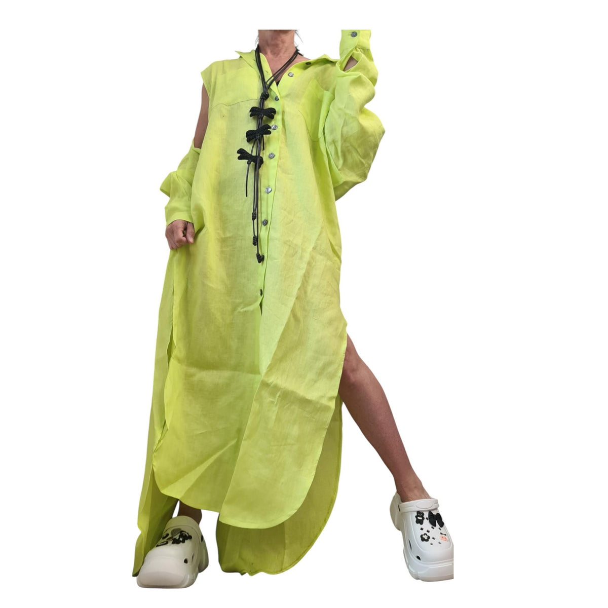 Lime Linen Long Kaftan Dress, Open Back Top, Bohemian Shirt Dress, Plus Size