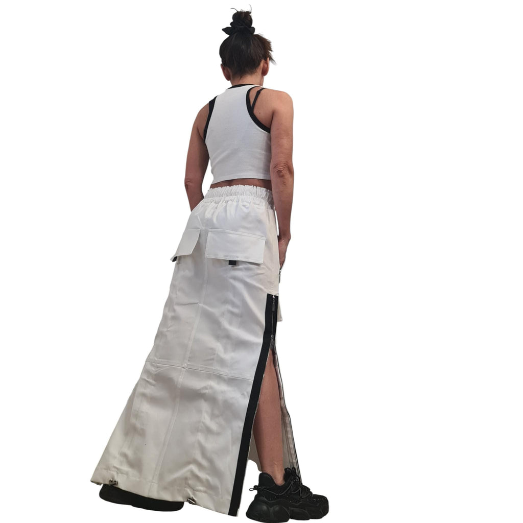 White Denim Maxi Skirt, Black Zipper Details, Cargo Pocket Skirt Avant Garde Clothing