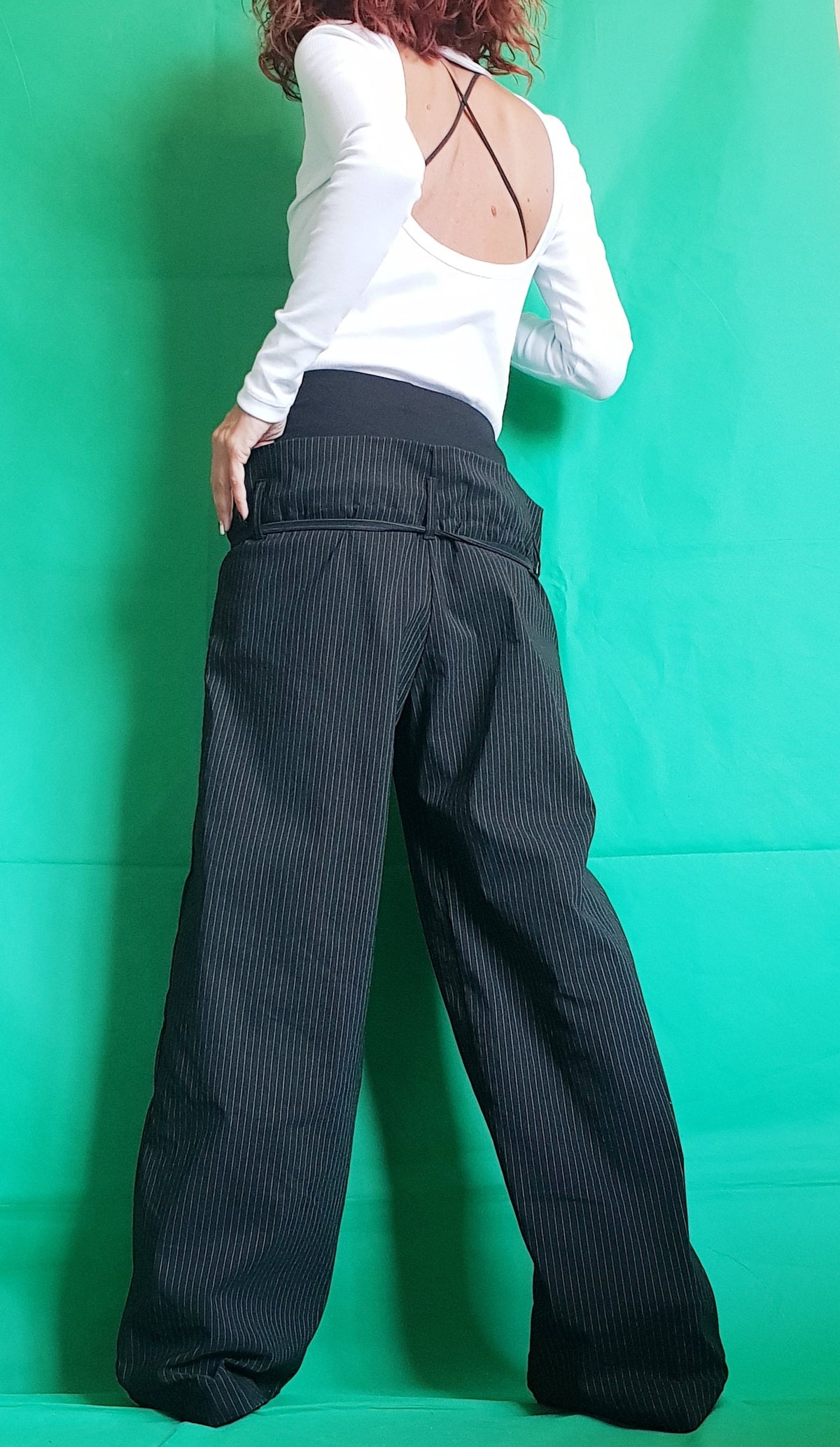 Black Pinstripe Baggy Pants, Double Waistband, Wide Leg Cotton Trousers, Drop Crotch