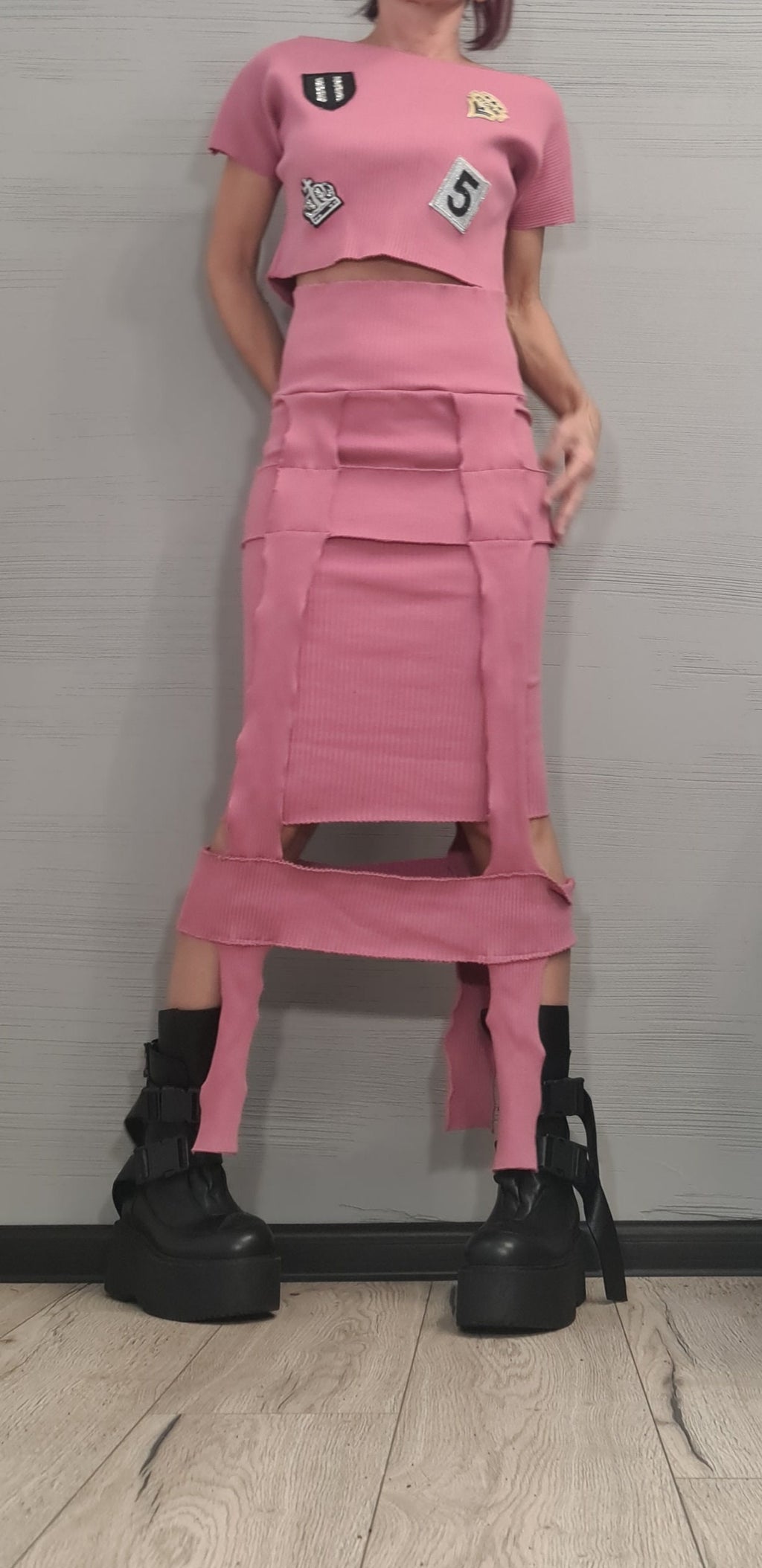 Pink Ribbed Maxi Pencil Skirt, Cropped Short-Sleeve Appliqué Top, Cutout Panels, Two-Piece Co-Ord Set
