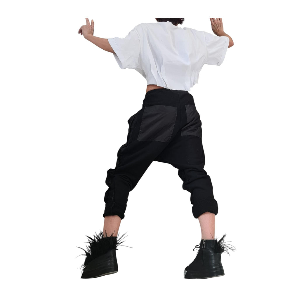 Extravagant Black Cotton Harem Pants, Cargo Trousers, Outer Pockets