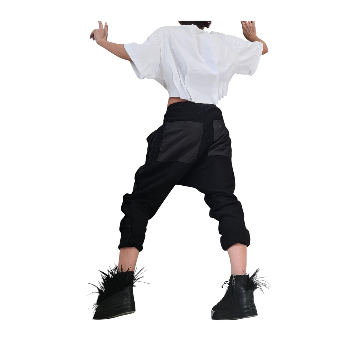 Extravagant Black Cotton Harem Pants, Cargo Trousers, Outer Pockets