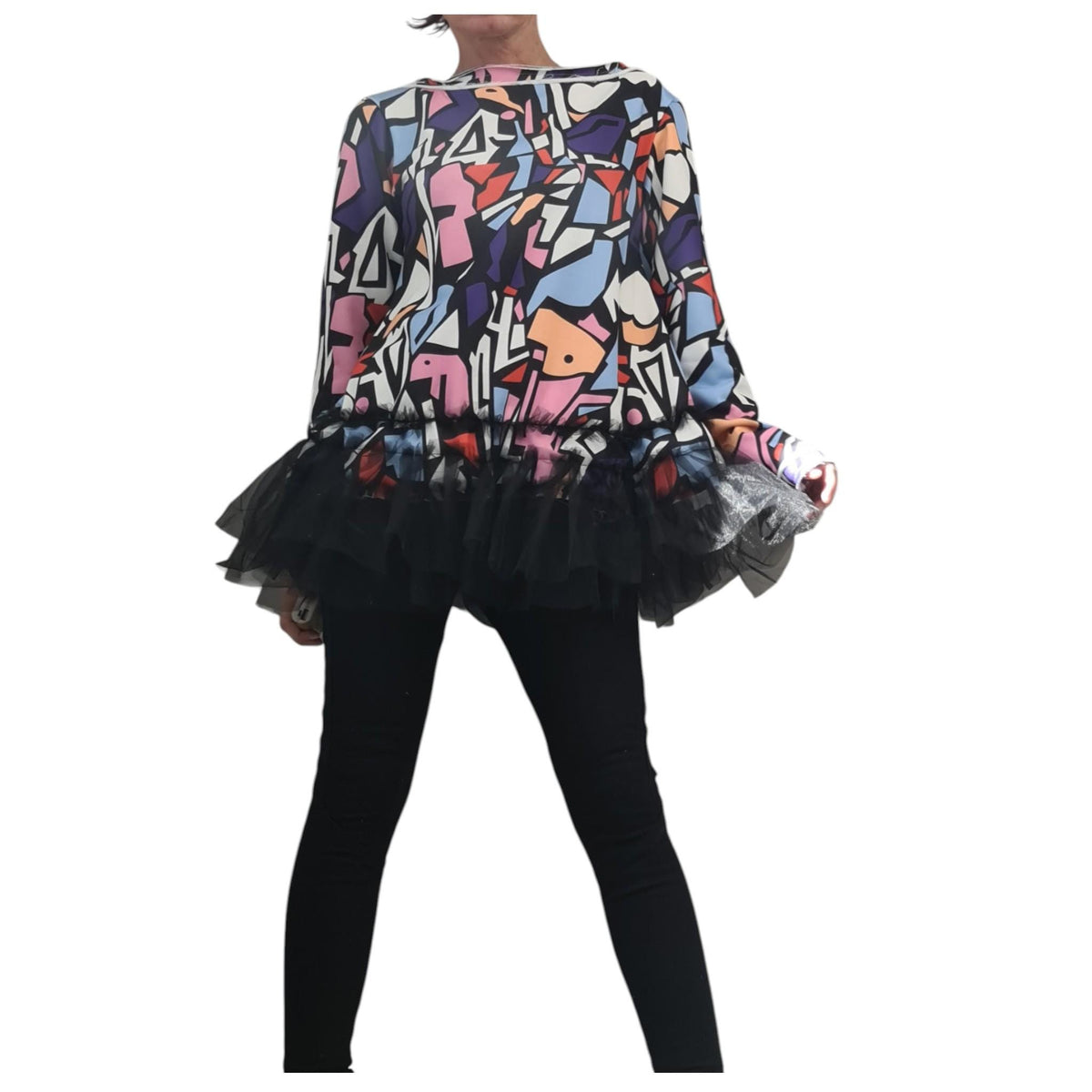 Avant Garde Tunic Blouse, Printed Tulle Top, Extravagant Design, Long Sleeve
