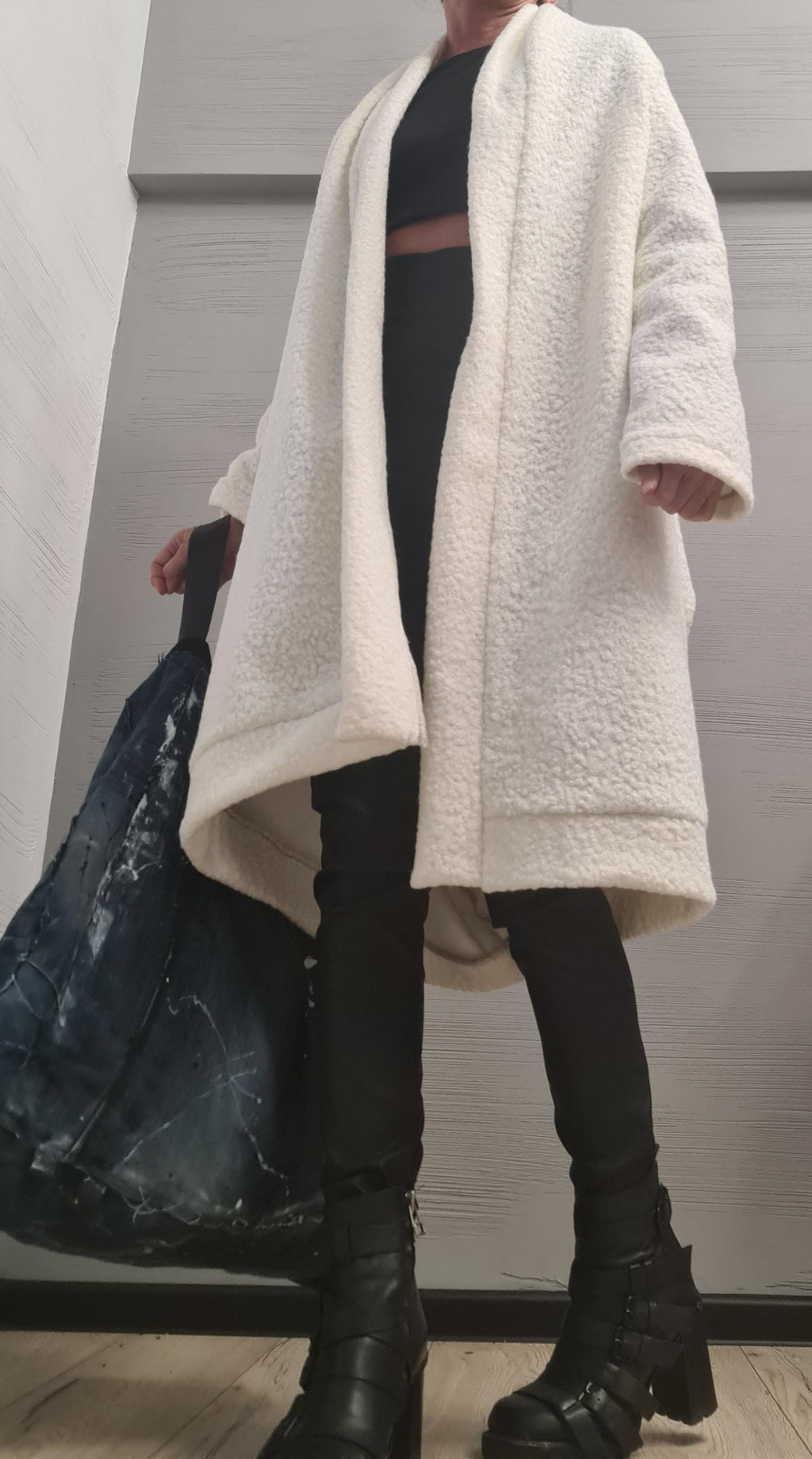 White Bouclé Wool Coat, Long Asymmetric Oversized Jacket, Plus Size Cocoon Cardigan