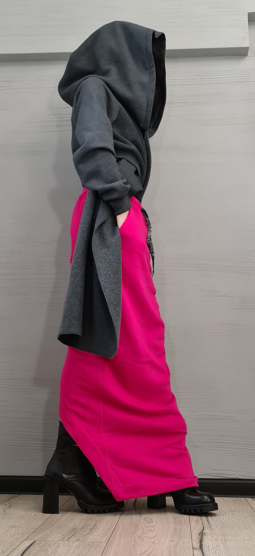 Hot Pink Hooded Asymmetric Sweatshirt, Cropped Wrap Jacket, Long Front Tie Cardigan