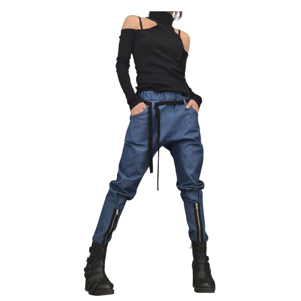 Denim Harem Pants, Loose and Fit Trousers whit Zipper Detail, Plus Size Bottom