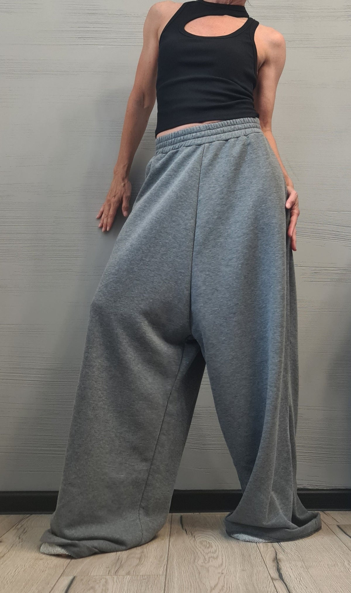 Grey French Terry Pants, Drop Crotch Wide Leg Trousers, Plus Size