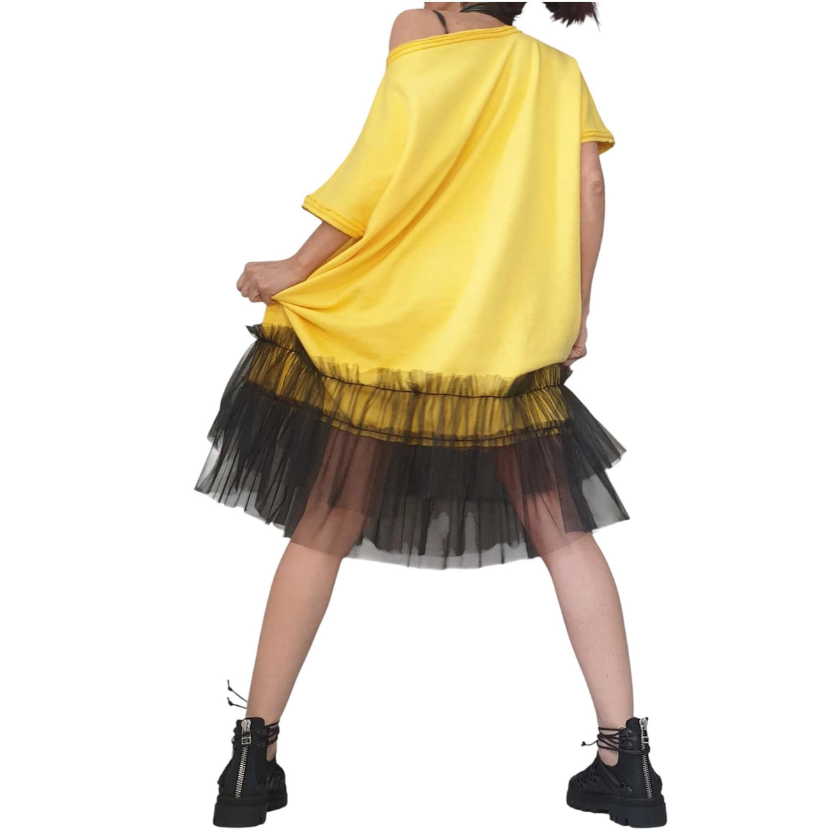 Oversize Yellow Tunic Dress - Loose Fit with Tulle Accent