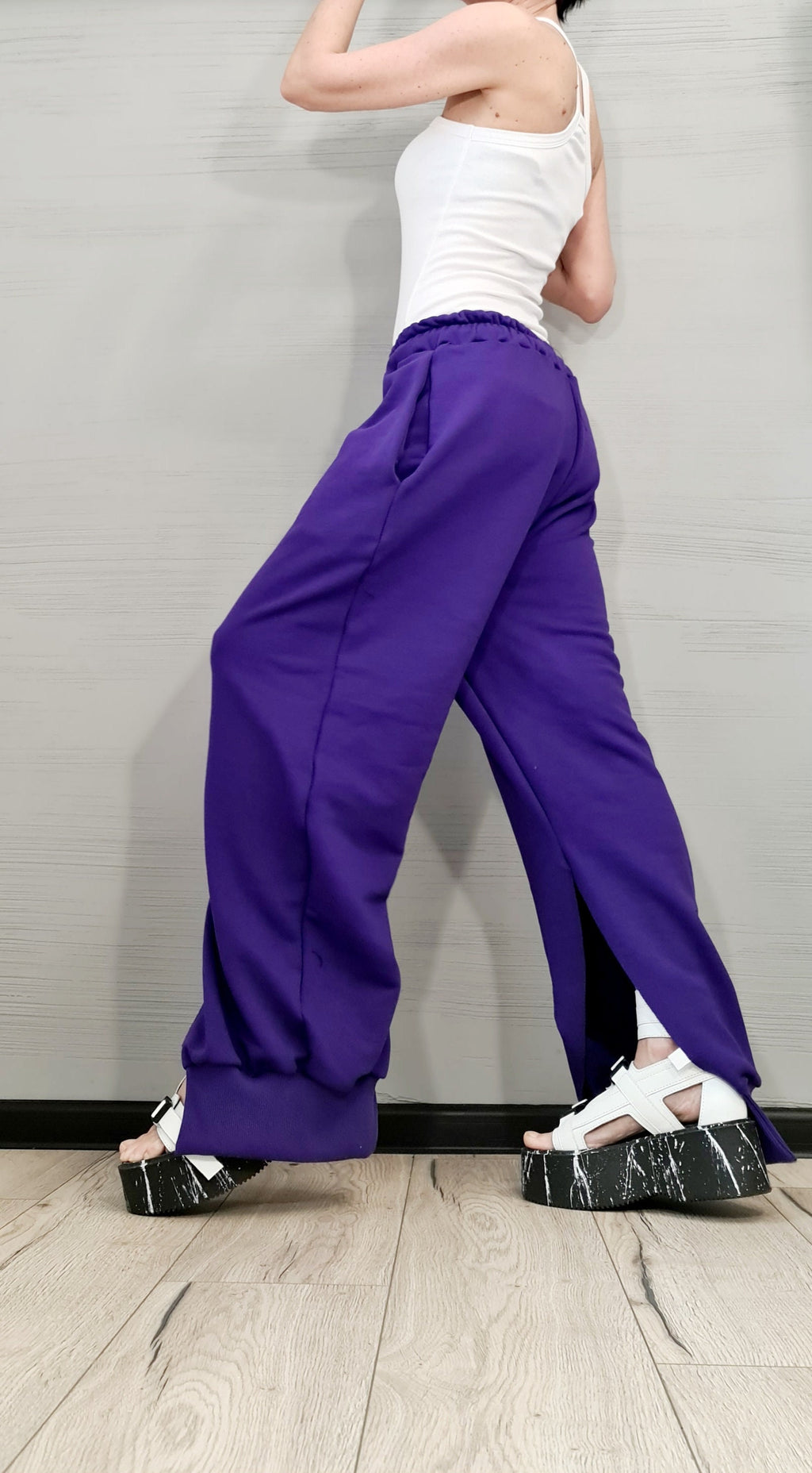 Purple French Terry Jogger Pants, Split Hem Trousers