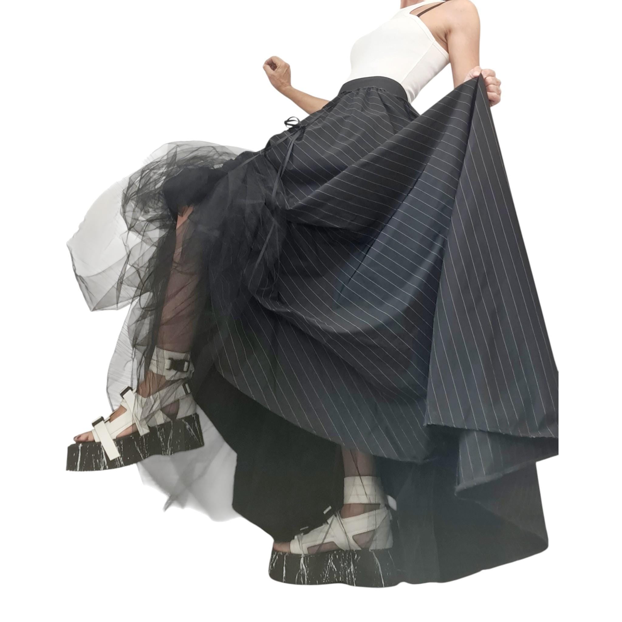 Transformable Pinstripe Gown, Runway Statement Piece, Avant Garde Artwear for Women