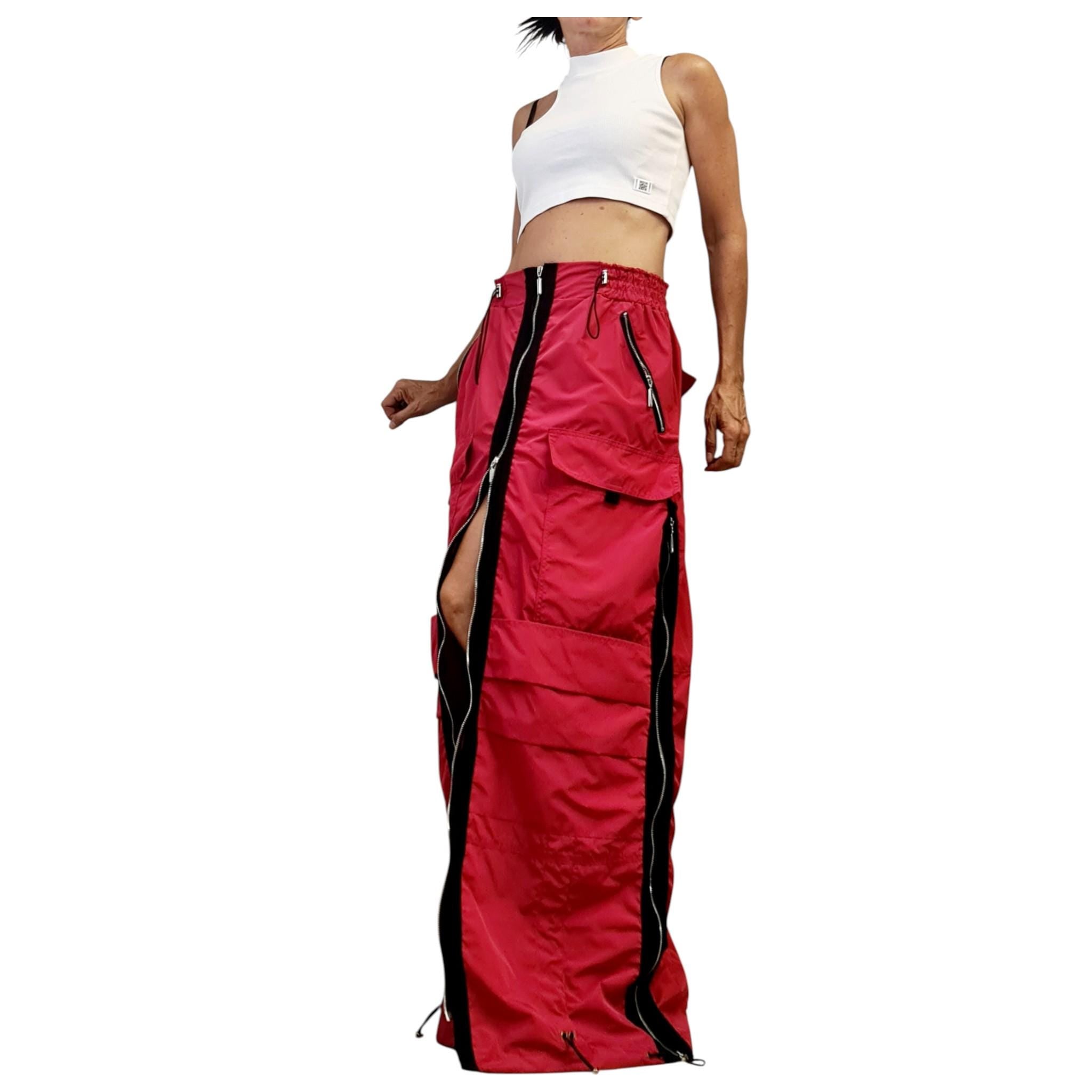 Red Maxi Cargo Skirt with Zippers, Oversized Avant Garde Clothing, Techwear Festival Outfit