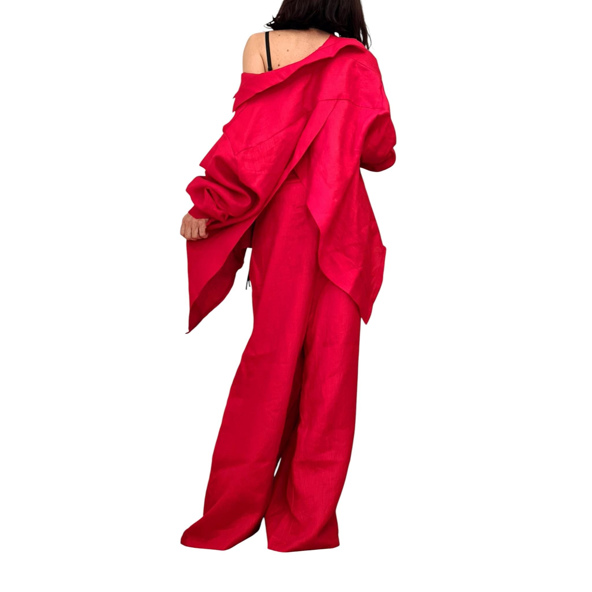 Denim Linen Two Piece Set for Women, Open Back Shirt, Wide Leg Harem Pants Outfit