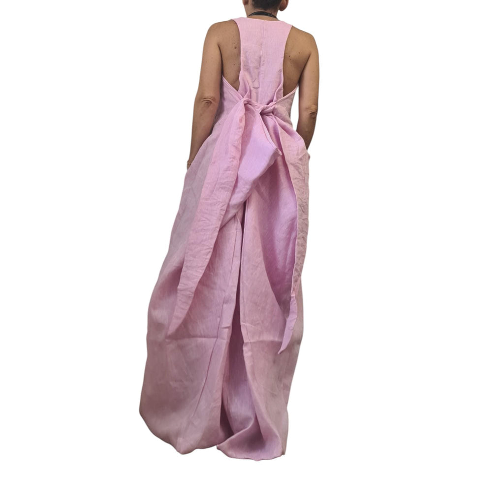 Pink Linen Avant-Garde Dress, Sculptural Long Summer Dress, Artistic Asymmetric Maxi Gown, Handmade Statement Clothing