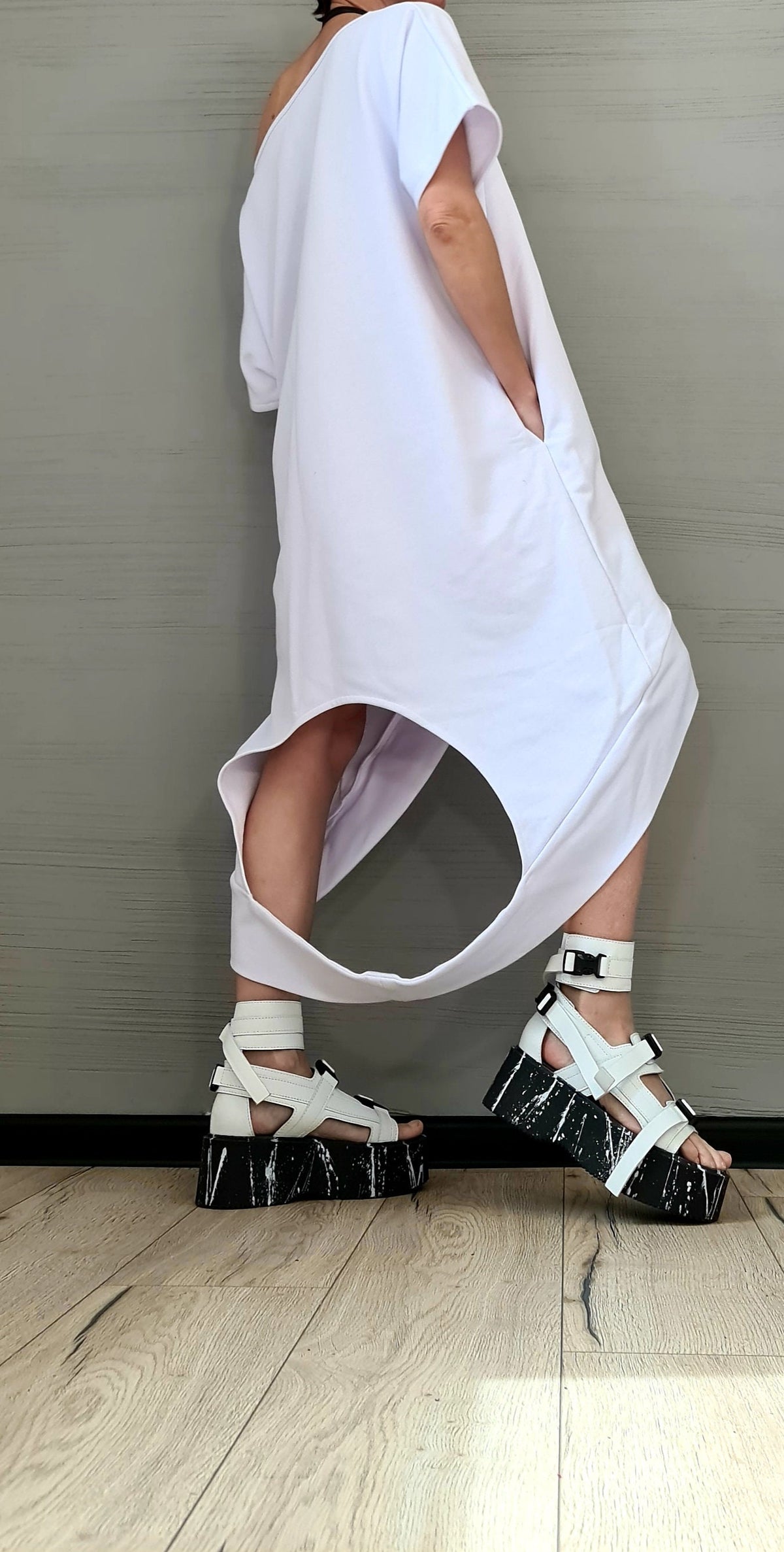 Extravagant Asymmetric Cotton Tunic, Oversize Sleeveless Dress