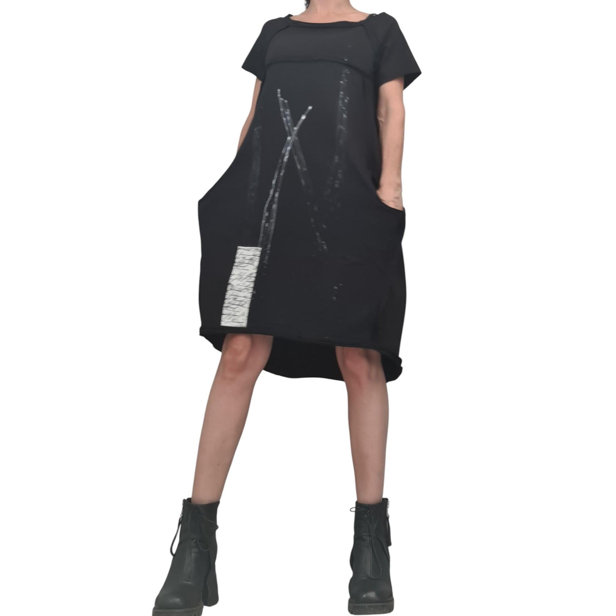 Black French Terry Short Sleeve Dress, One Shoulder Asymmetric Gothic Tunic, Oversized Fit