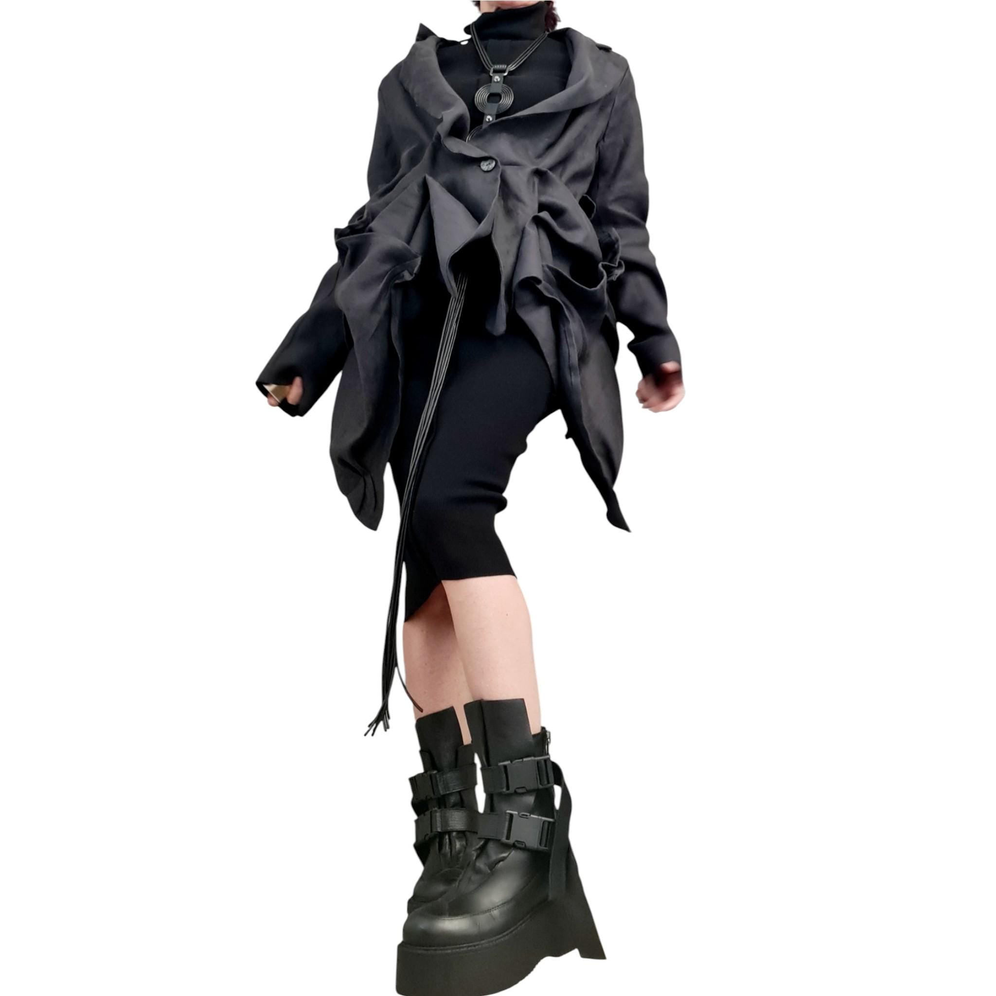 Graphite Linen Asymmetric Blazer | Long Front Open Back Womens Designer Statement Outerwear