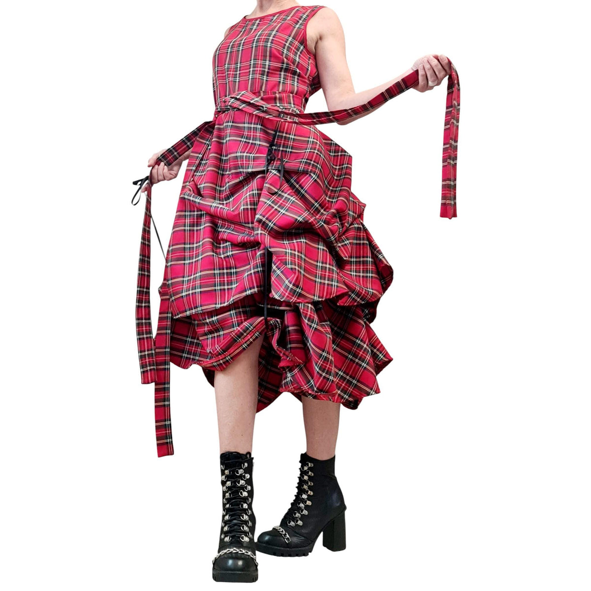 Dark Green Tartan Asymmetric Gown | Sleeveless Knee-Length Dress with Adjustable Skirt