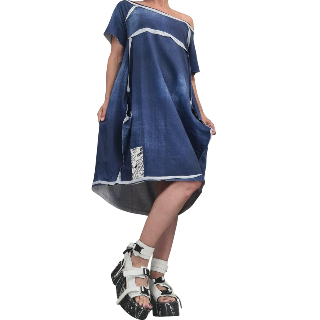 Asymmetric Cotton Tunic, Printed Denim Effect, Avant Garde Plus Size Dress for Women
