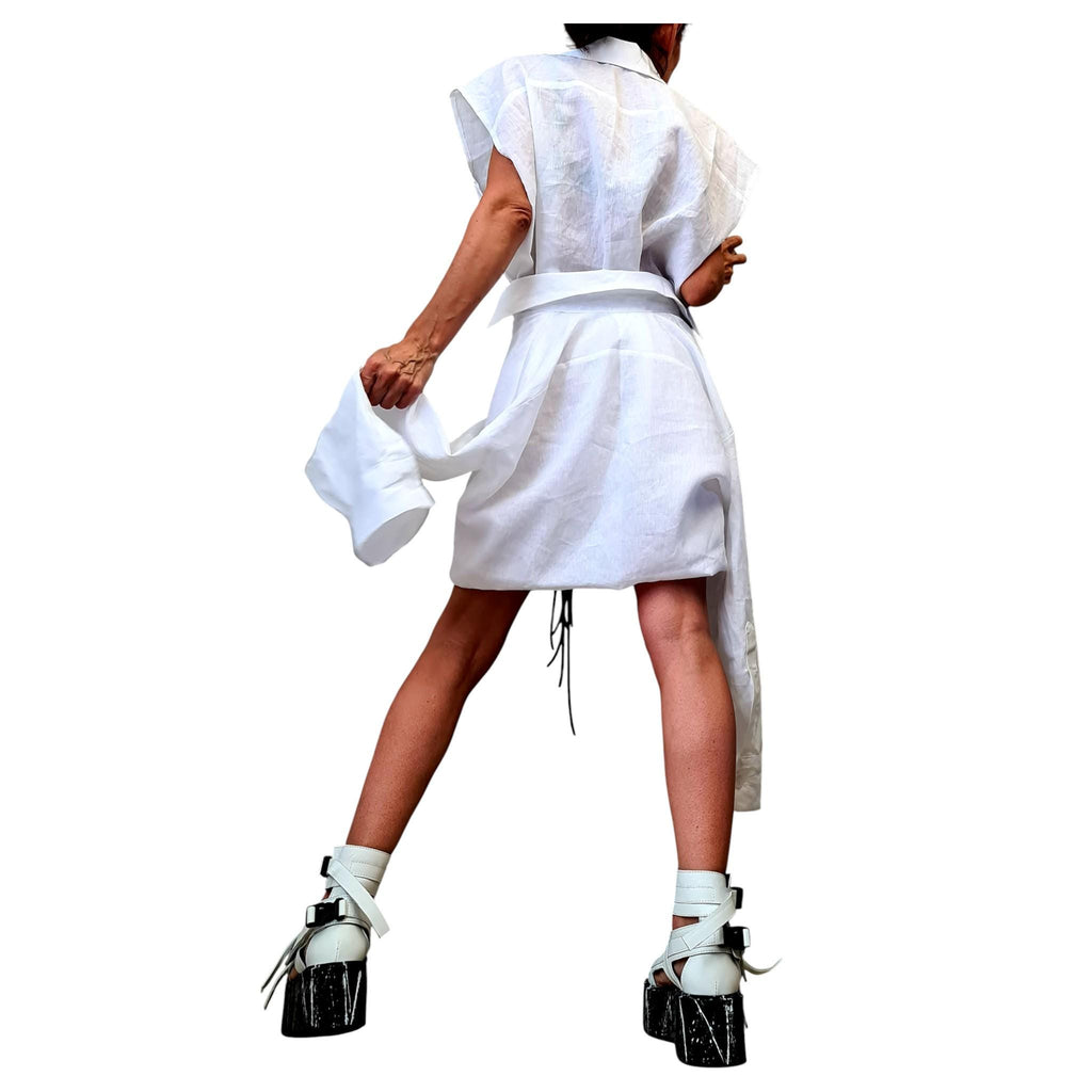 White Linen Deconstructed Shirt Dress, Convertible Tunic, Asymmetric Top for Women