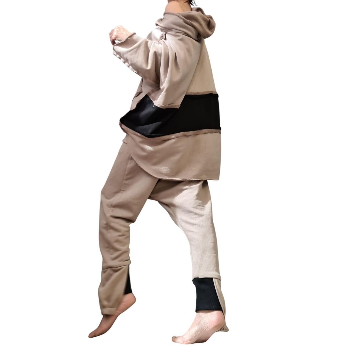 Grey Black Cotton Drop Crotch Harem Pants, Oversized Hooded Top, Plus SizeCo-Ord Set