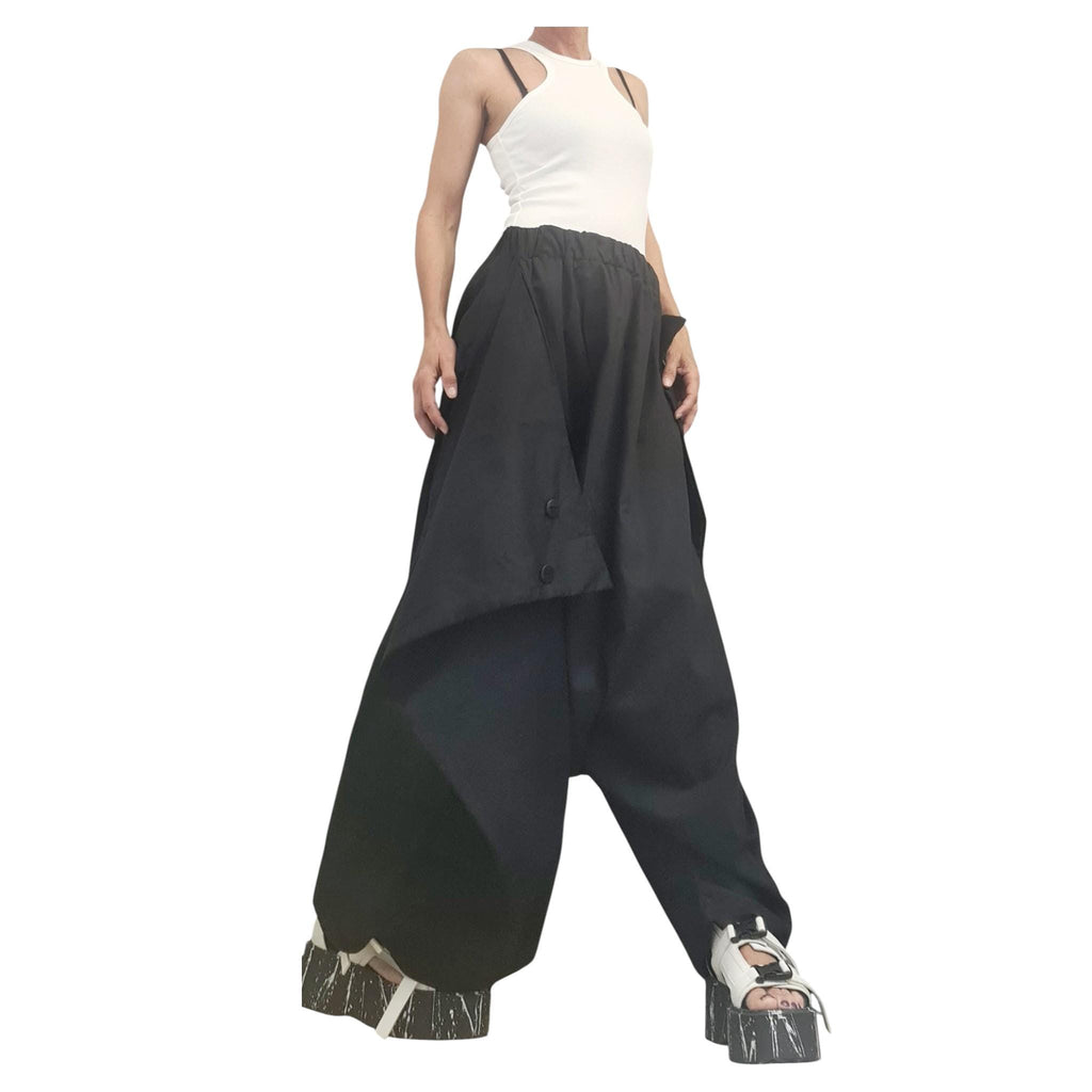 Black Deep Harem Pants, Draped Front, Adjustable Drawstring, Cotton Trousers