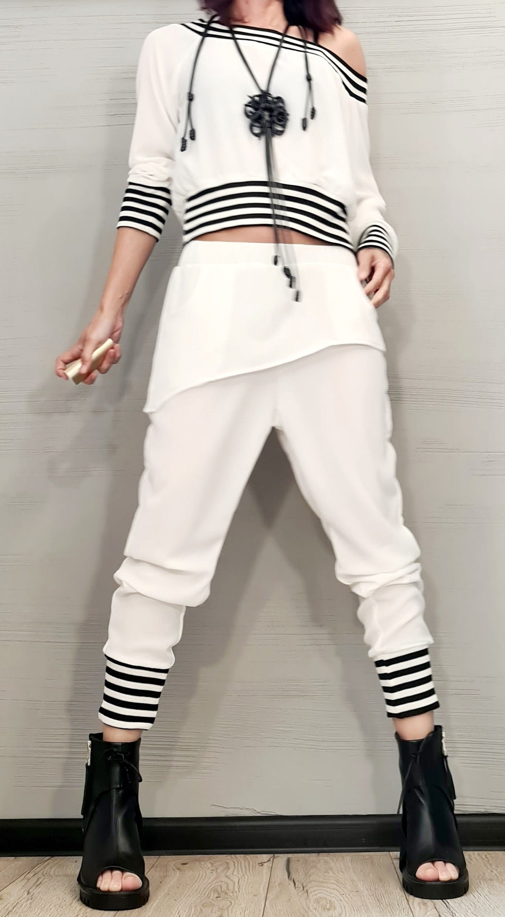 White Drop Crotch Harem Pants, Asymmetrical Off-Shoulder Cropped Blouse, Striped Trim, Two-Piece Co-Ord Set