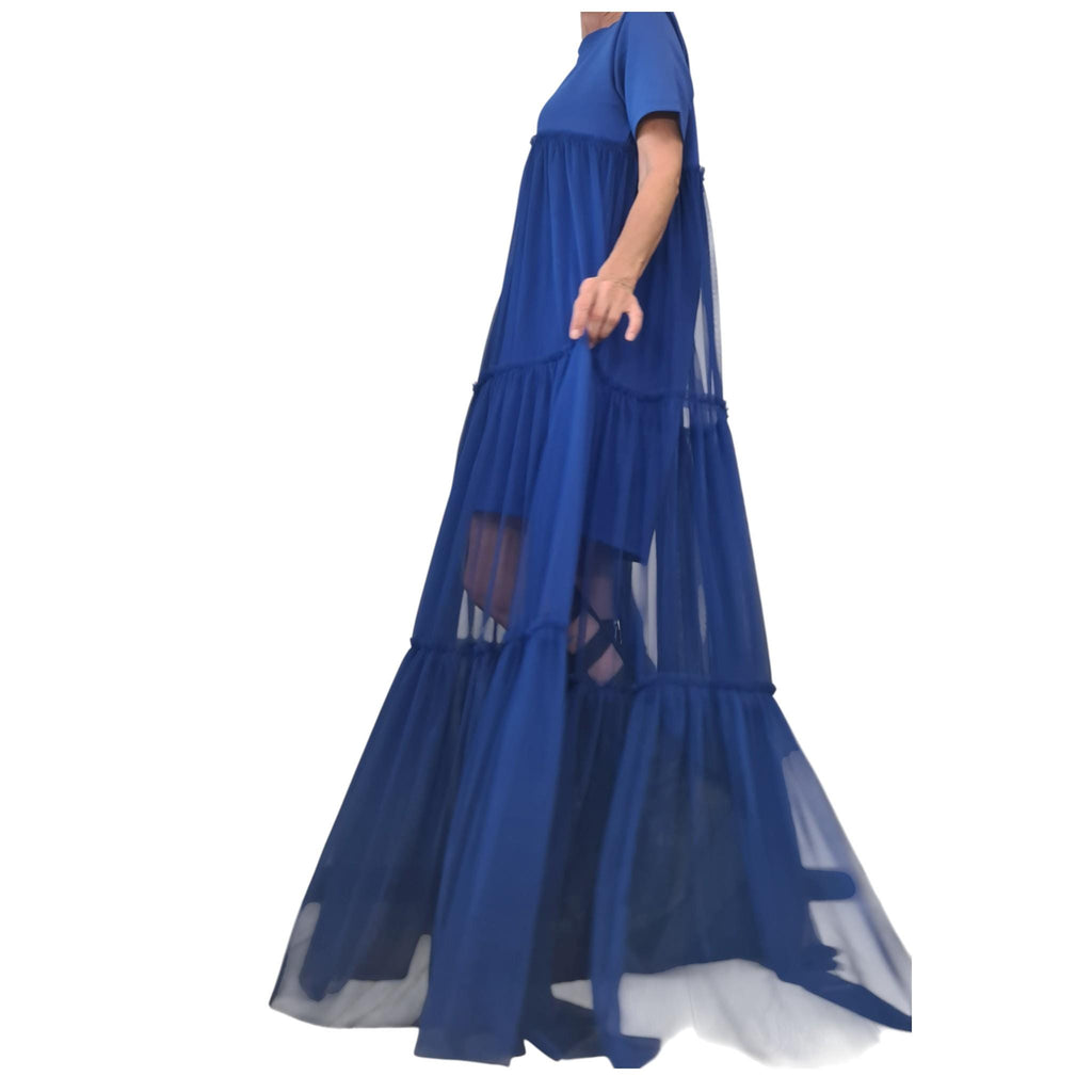 Royal Blue Tulle Dress, Asymmetrical High Low Maxi, Oversized Loose Fit for Women