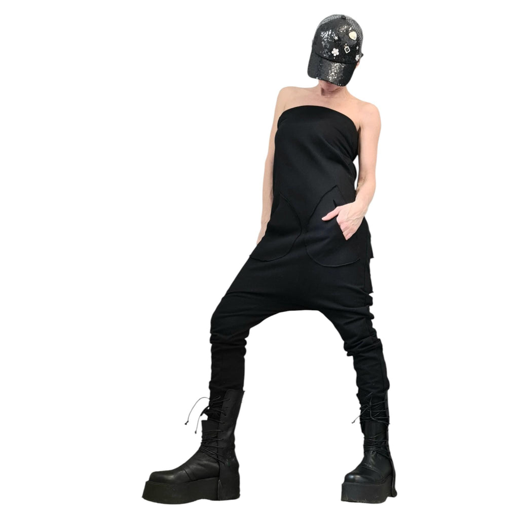 Black Cotton Drop Crotch Jumpsuit, Extravagant Open Back, Slim Fit Gothic Style
