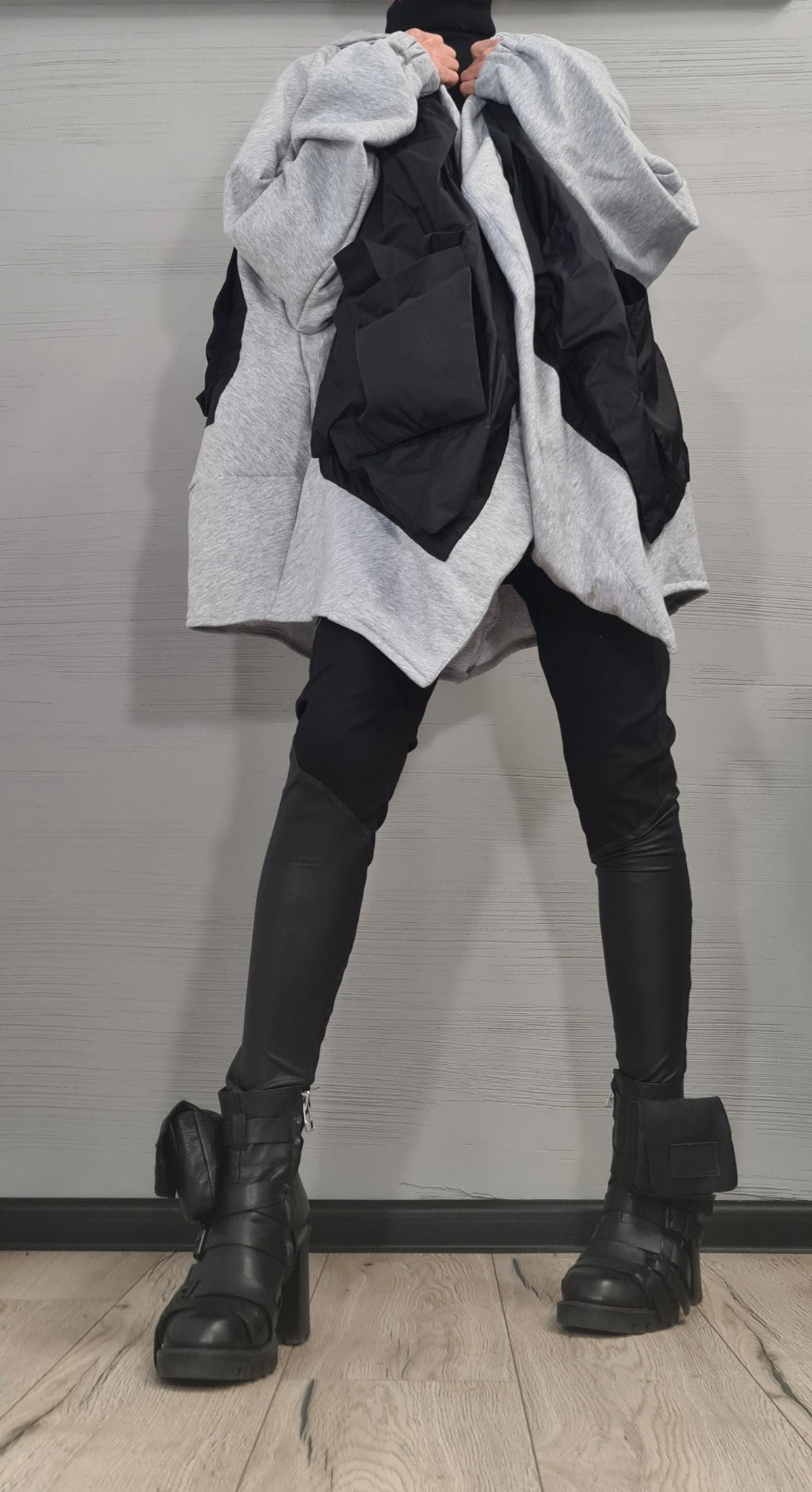 Black and White Asymmetric Cotton Poncho, Oversized Hooded Sweatshirt with Long Sleeves, Plus Size