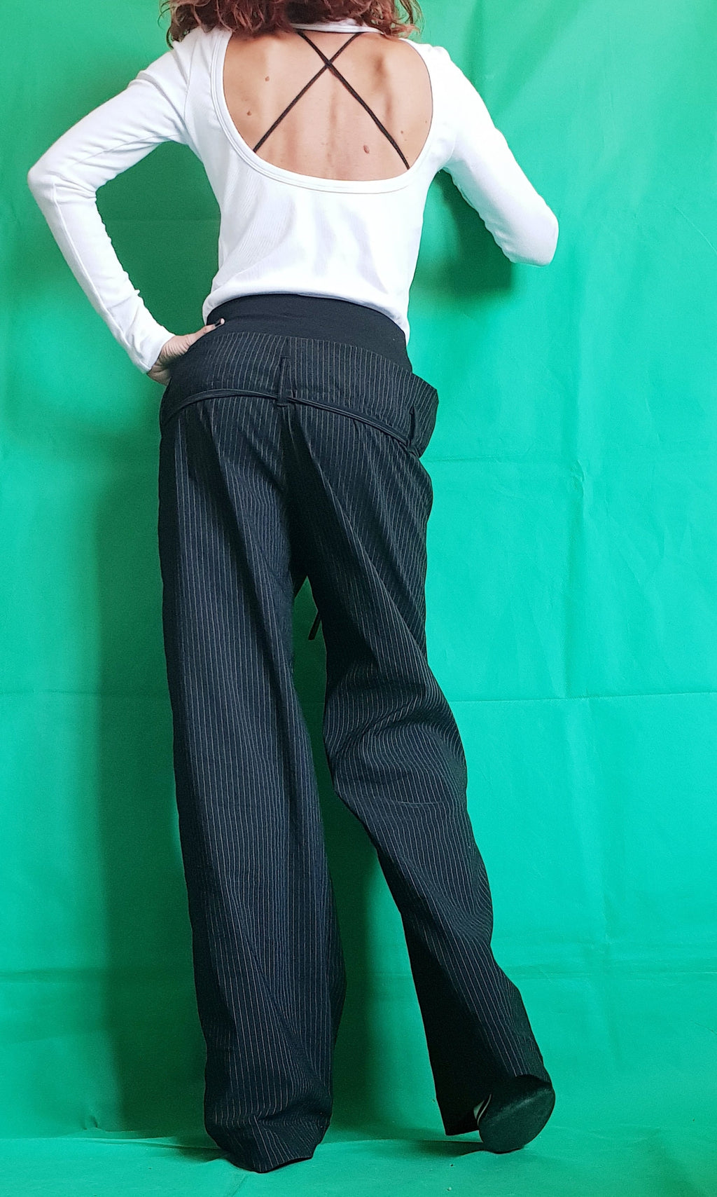 Black Pinstripe Baggy Pants, Double Waistband, Wide Leg Cotton Trousers, Drop Crotch