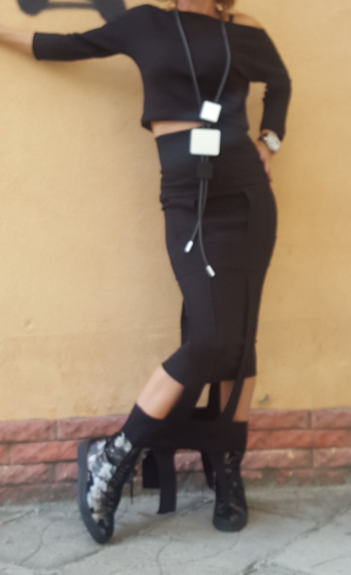 Black Cotton High-Waist Maxi Pencil Skirt, Asymmetrical Off-Shoulder Blouse, Cutout Hem, Two-Piece Co-Ord Set