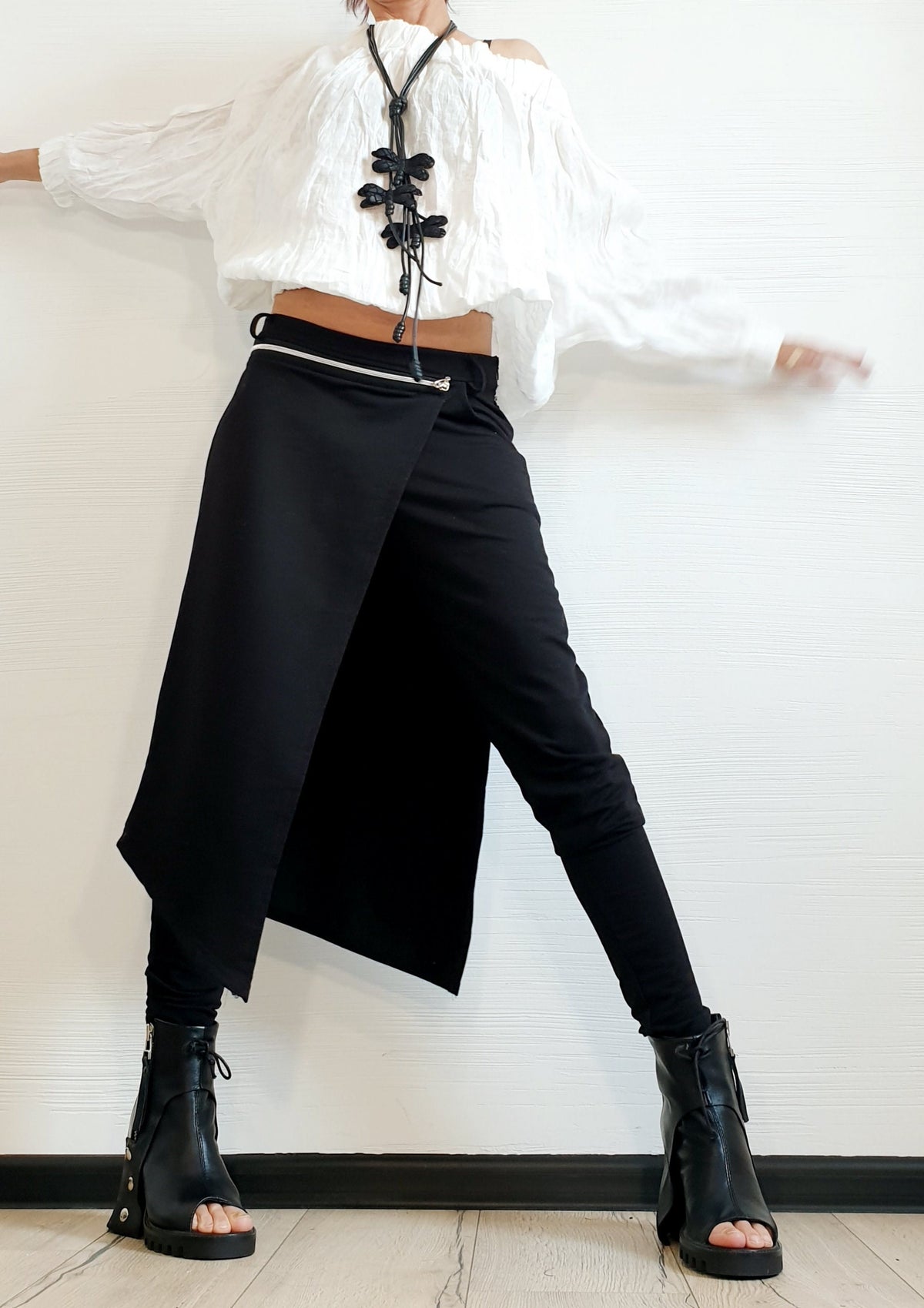 Black Asymmetric Cotton Pants, Skirt Overlay, Slim Leg